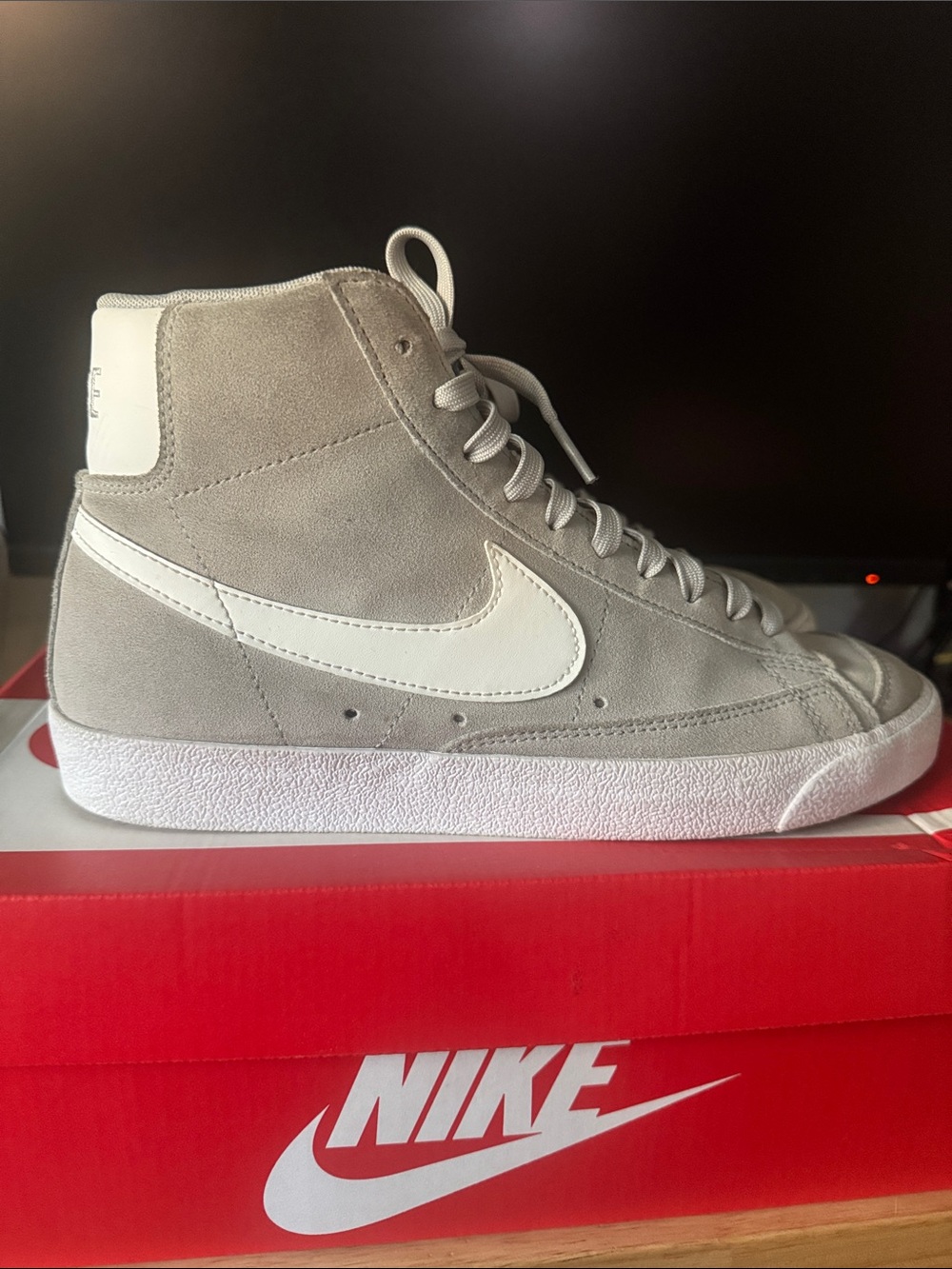 Nike Men’s Blazer Mid Suede Sneaker in Light Gray and White
